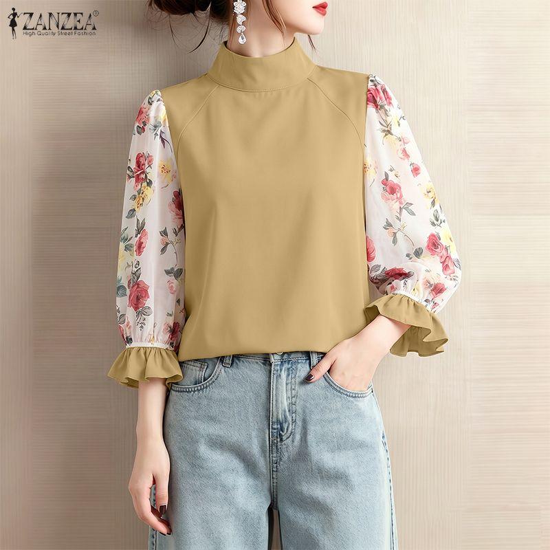ZANZEA Women Stand Collar Floral Print Splice 3/4 Sleeve Blouse