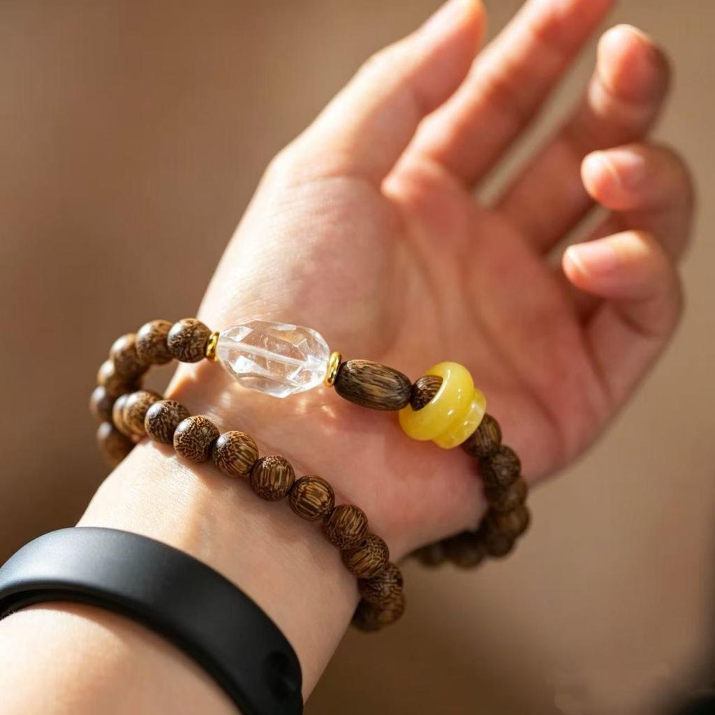 New Boutique Exquisite Multi-Strand Bracelet with Carved Agarwood, Imitation Beeswax, and Natural White Crystal for Women