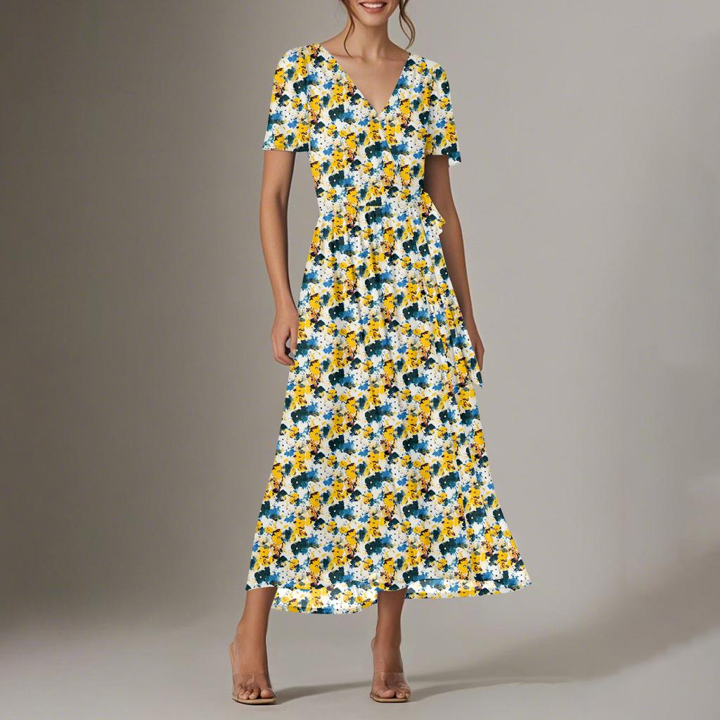 Women's Summer Floral Bohemian Dress Wrap V Neck Short Sleeves Ruffle A-Line Flowy Maxi Dress Summer Dresses For Women