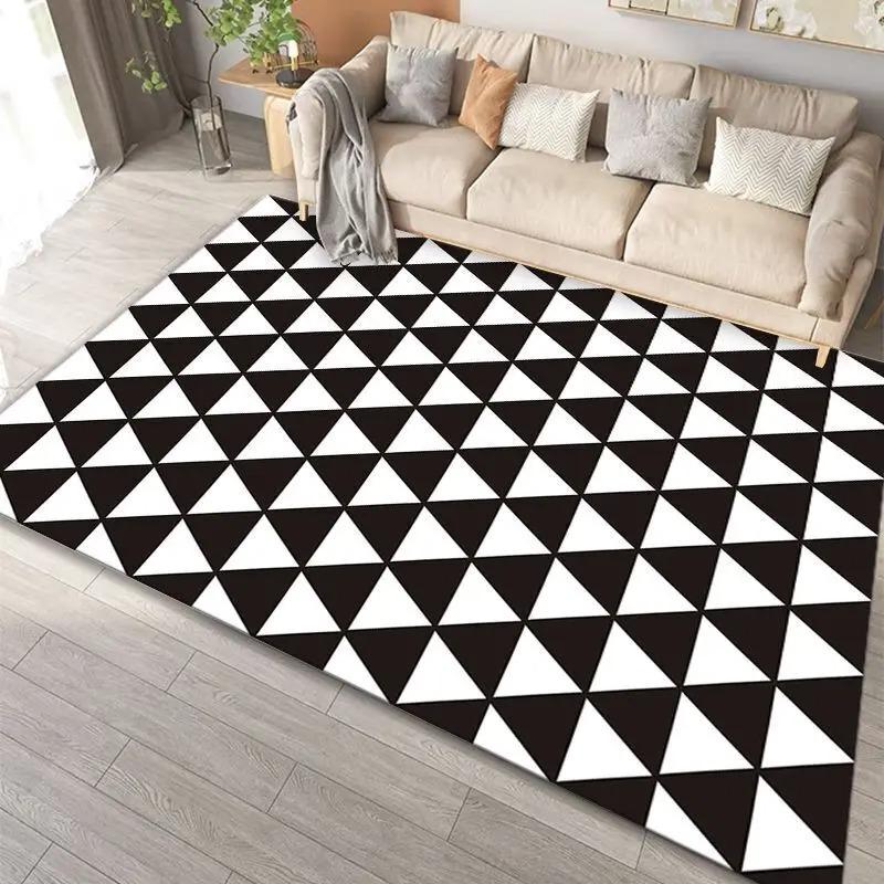 Black And White Geometric Patterned Area Rug Artistic Striped Checkered Print Carpet Soft  Floor Mat For Living Room Bedroom