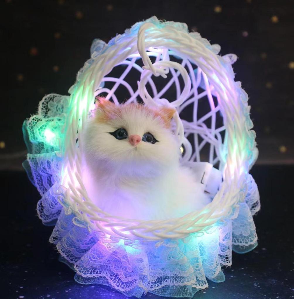 Lace Hanging Basket with Light-Up Plush Cat - Perfect Gift for Girlfriend or Doll Lovers