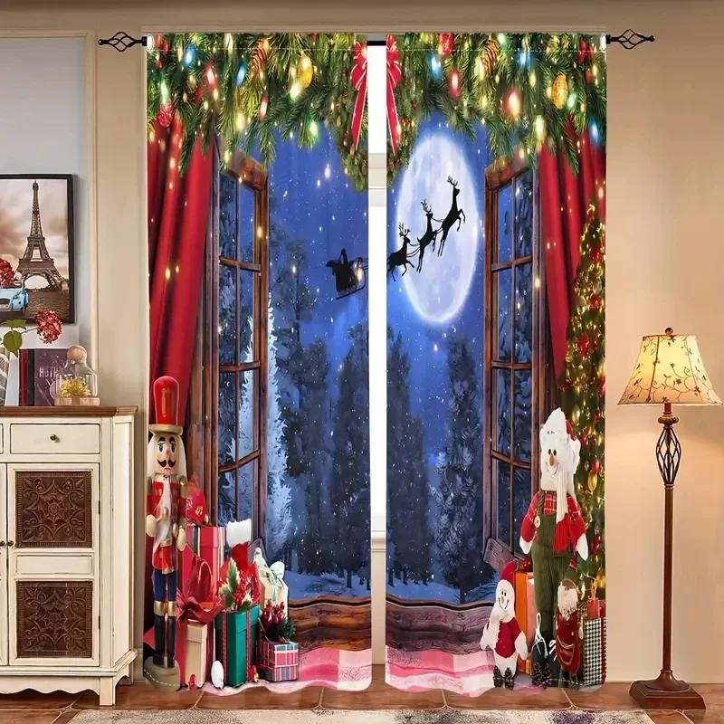 3D 2pcs,Christmas Snowman,Red Cow Checkered Pattern With Rod Pocket Mount Digital Printed Curtains For Bedroom Living Room Kitch
