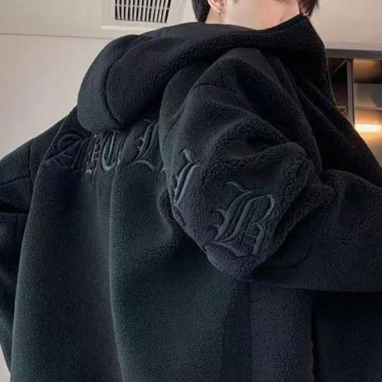 Men Jacket Coat Hooded Long Sleeve Embroidery Letter Print Solid Color Coat Zipper Placket Thick Fleece Warm Winter Outwear