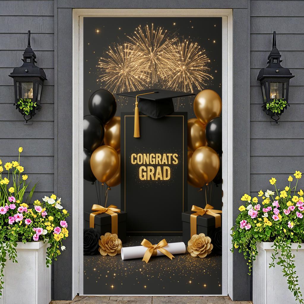 Graduation Background Black Gold Balloons Grad Party Banner Congrats Grad Background Glittery Gold Lettering For Graduation