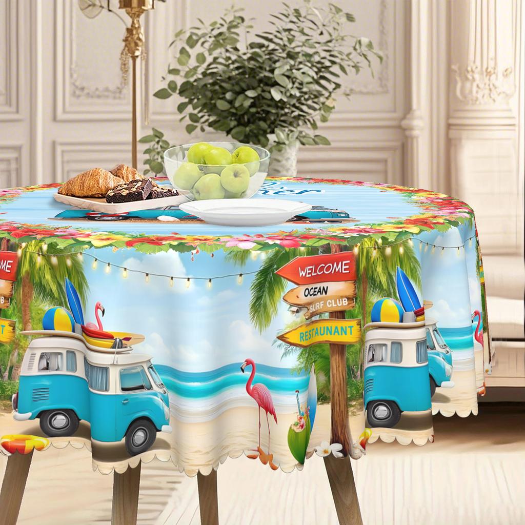 Hello Summer Seaside Round Table Cloth, Bus + Tropical Garland, Beach Resort Table Cloth