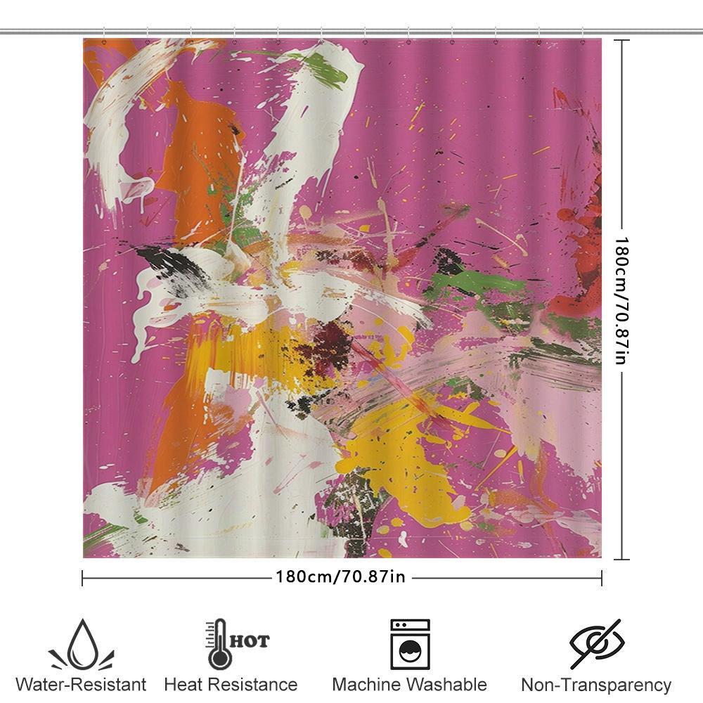 Fashionable Bath Shower Curtain Print Decor For Home Bathroom Decoration Pink Abstract Art With Orange Yellow Green Splashes, Po