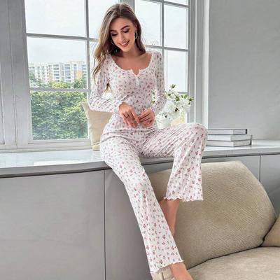 Kadın Elastik Bel Bandı Ev Giyim Tam Kol Gecelik Kadın Uyku Giyim Ditsy Çiçekli Pijama Takımı