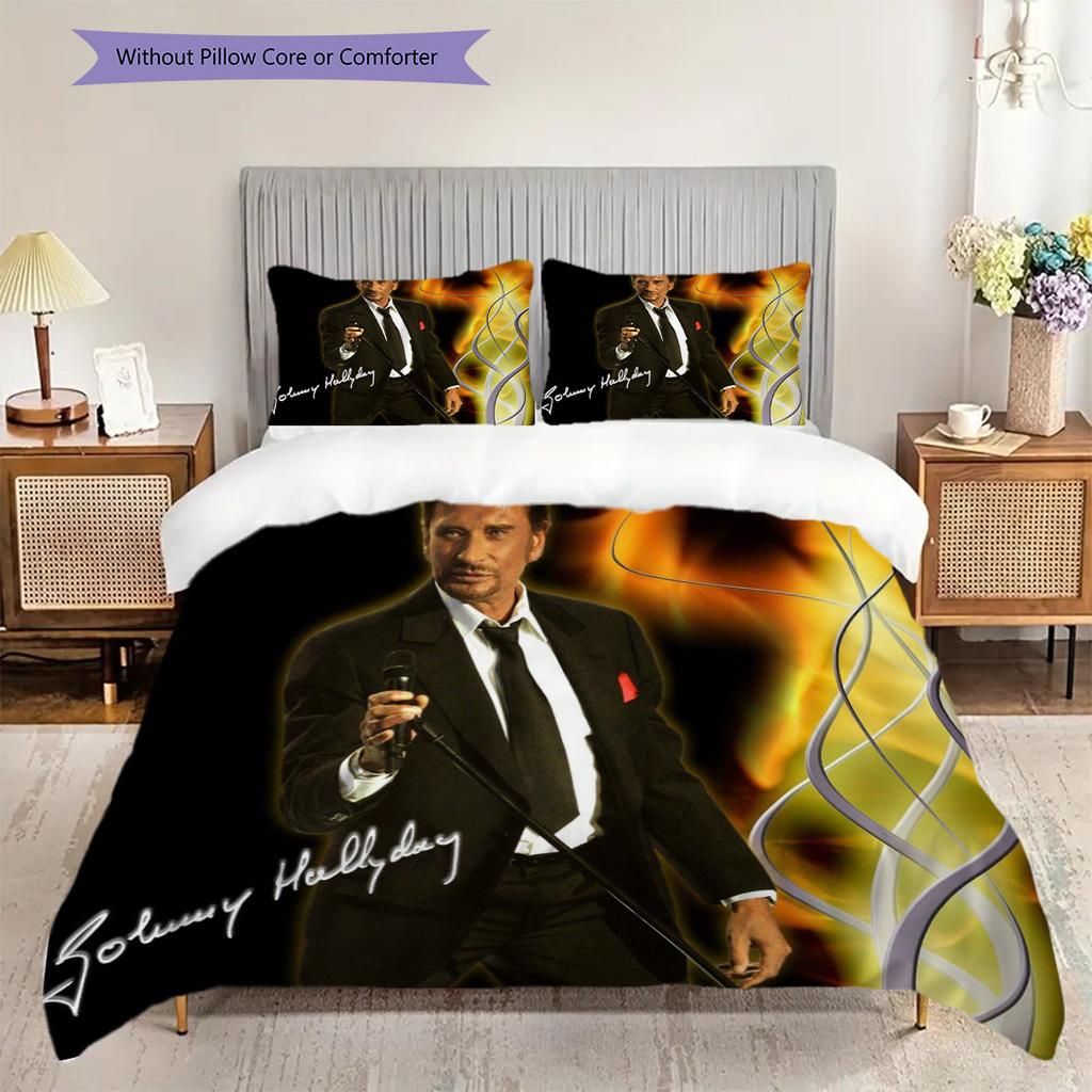 Johnny Hallyday Leben Tod Bettwäsche (1 Bettbezug + 2 Kissenbezüge, ohne Füllung) 2D flaches Weihnachts-Geburtstagsgeschenk Bettbezug und Kissenbezug