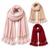 Oversized Rabbit Fur Pom Pom Scarf Solid Color Oversized Pashmina Poncho  Outdoor Wear