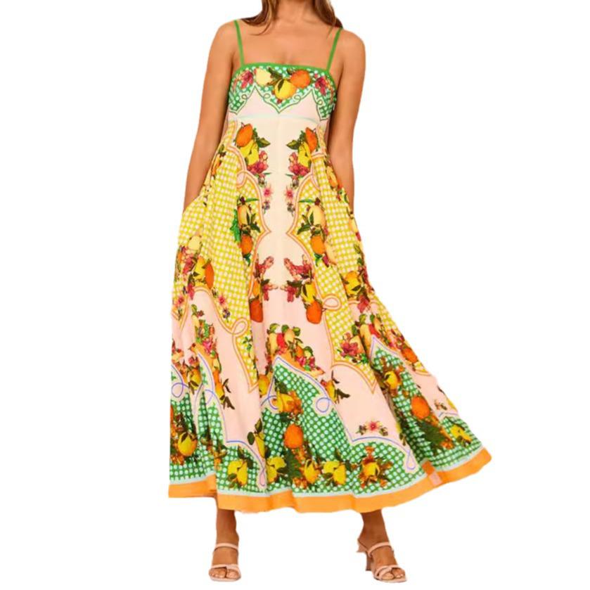 2025 European & American Women's Summer Sleeveless High-Waist Swing Dress with Sexy Suspender & Print Design