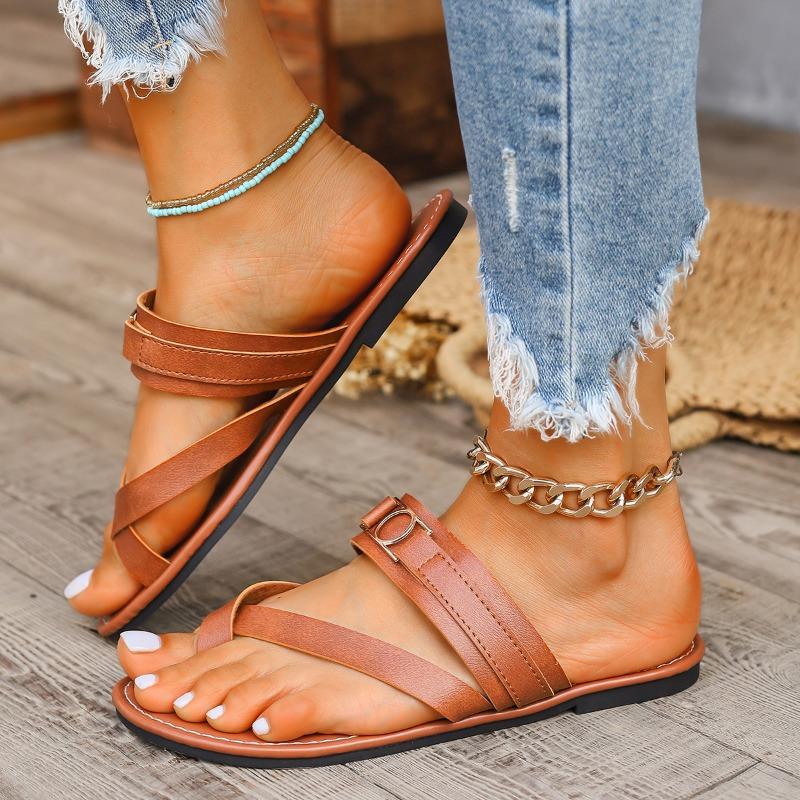 New Summer Women's Plus Size Toe Loop Fashion Flat Casual Slide Sandals