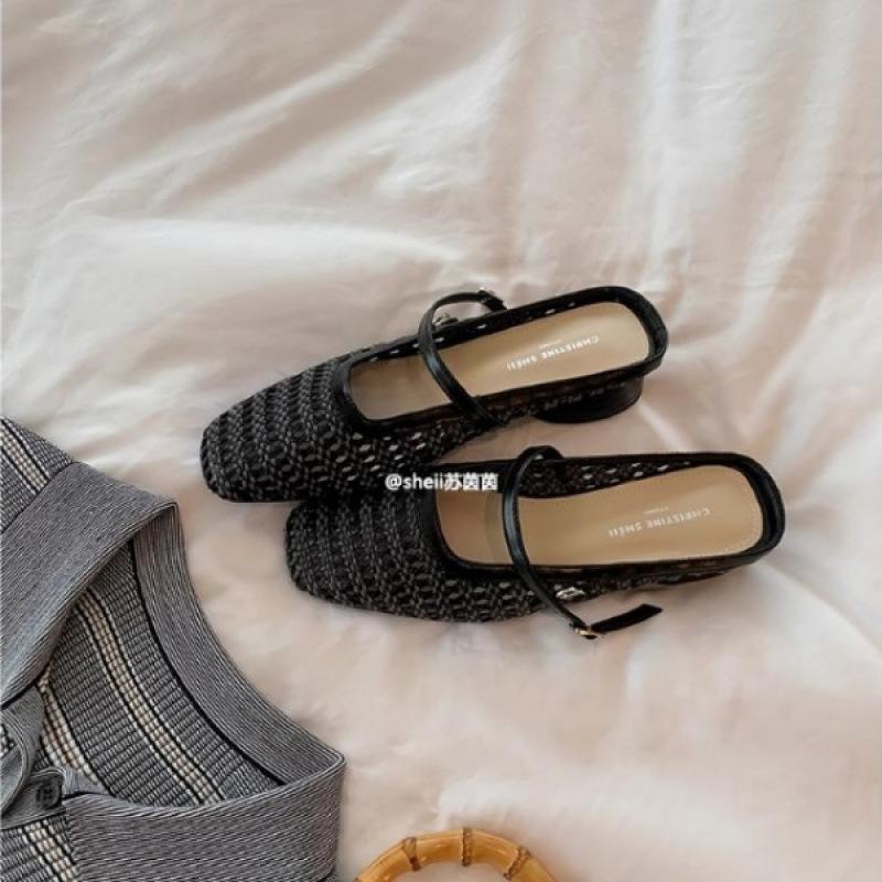 Туфли Квадратный Носок Плетеные Толстый Каблук Баотоу Мэри Джейн Тапочки Женские Полусандалии Женские 34 3569₽