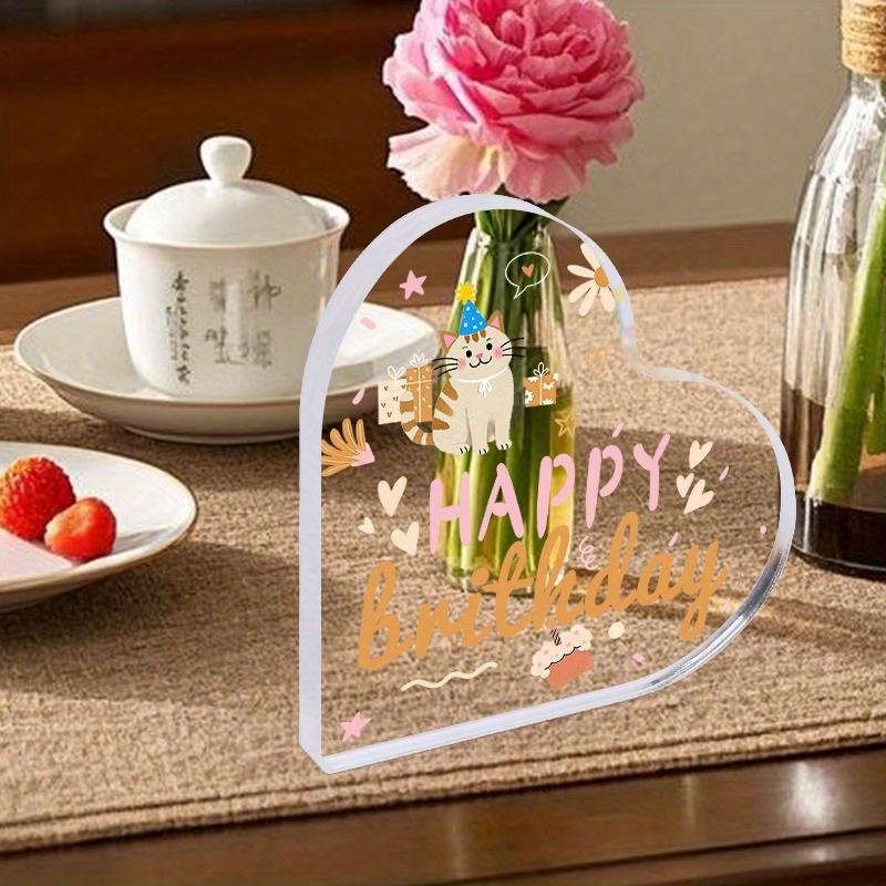 Happy Birthday Acrylic Decoration - Transparent Heart-Shaped Party Decor with Cute Cat, Stars & Confetti Design, Perfect Gift for Birthdays, Festive A
