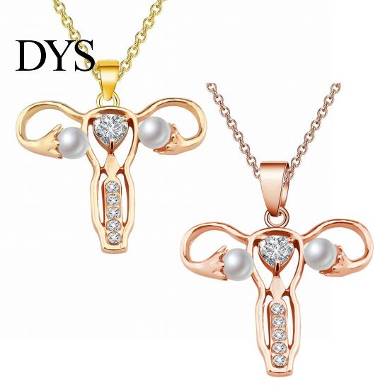 Uterus Pendant Necklace Gynecologist Necklace, Feminist Medical Symbol Obstetrician Statement Dainty Faux Pearl Jewelry with Rhinestones for