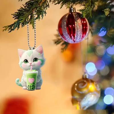 Kotek wiszący z mleczną herbatą z łańcuszkiem koralikowym, dwustronny akrylowy 2D, kreskówka, kotek, lusterko wsteczne, wiszący ornament