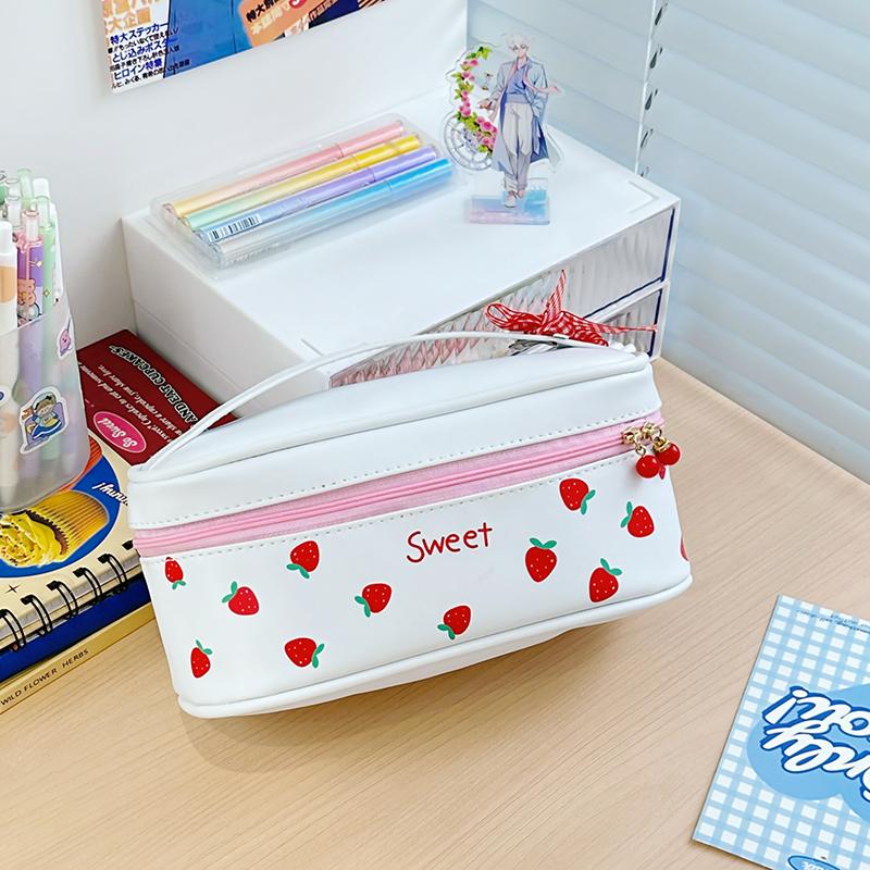 

PU Leather Soft Pencil Case Large Capacity Cartoon Storage Bag Multi-Purpose Girly Stationery Bag for School Office рожевий