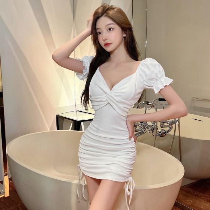 

Summer New Spice Girl Fried Street Cross V-Neck Sexy Drawstring Hip Dress Design Sense Dress Women s Clothing S белый