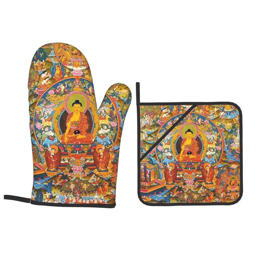 Tantrische Buddhistische Gottheit Buddhismus Gott Buddha Ofenhandschuhe und Topfuntersetzer Sets von 2 für Backen Kochen BBQ Strapazierfähig Rutschfeste Handschuhe