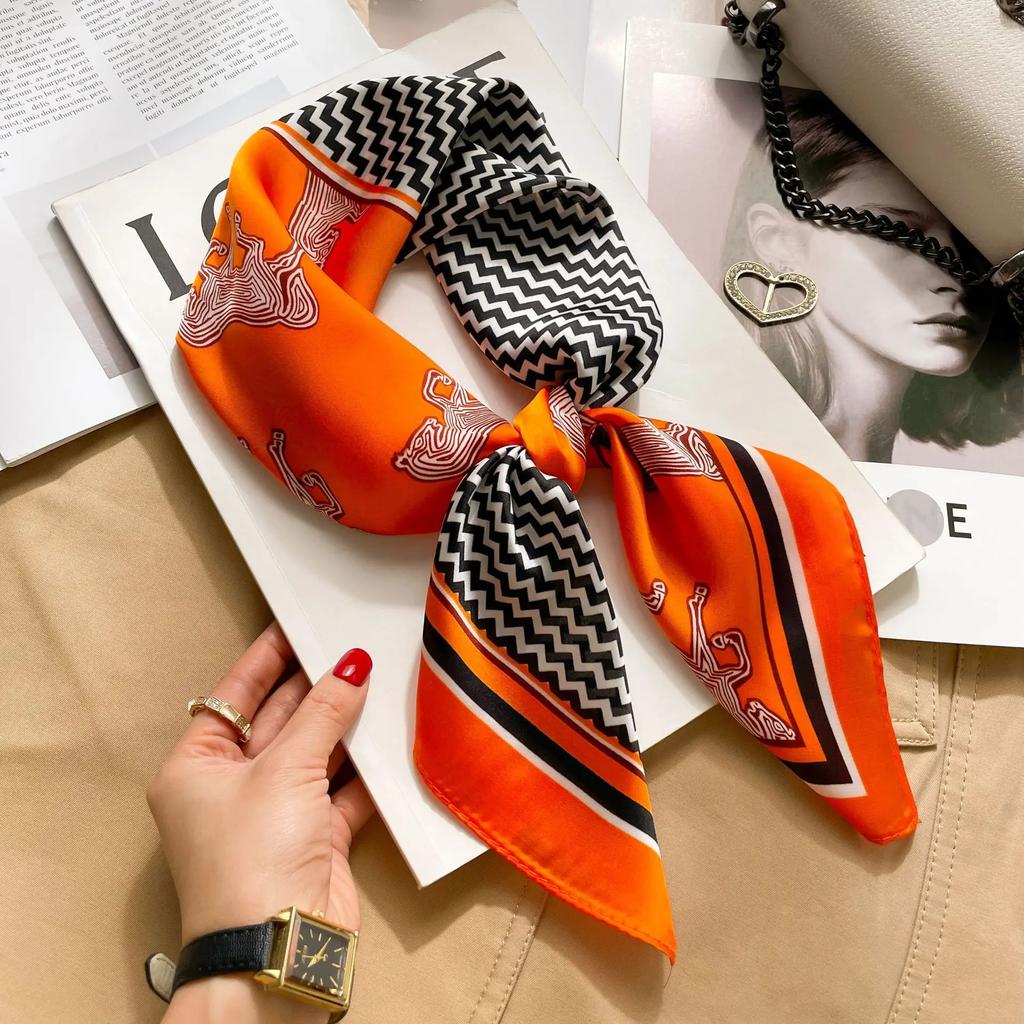 Silk Square Scarf Women 100% Real Luxury Brand Horse Print Neckerchief Female Hair Hand Bag Wrist Foualrd Scarves Bandana