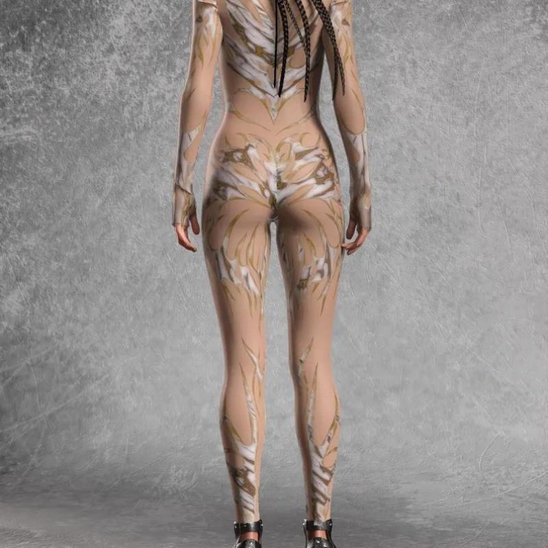 Damen Hautkörper Bemalte Sexy Strumpfhosen Erwachsene 3D Digitales Feuerdruck Halloween Party Tanz Verkleidung Outfit Jumpsuit