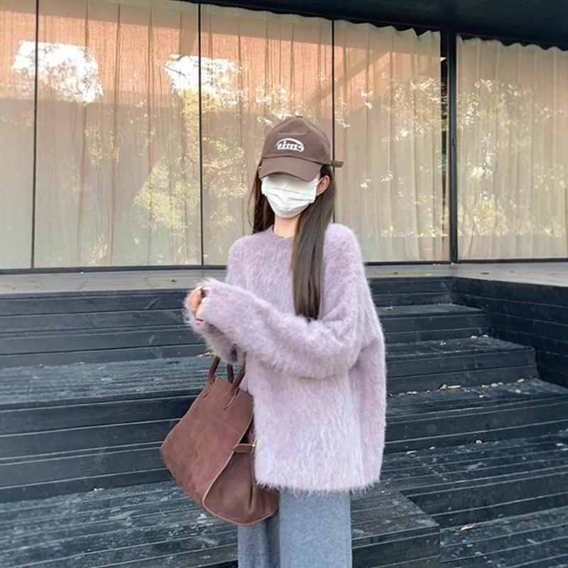 Women's Cozy Gray Imitation Mink Velvet Round Neck Sweater, Perfect for Autumn and Winter.