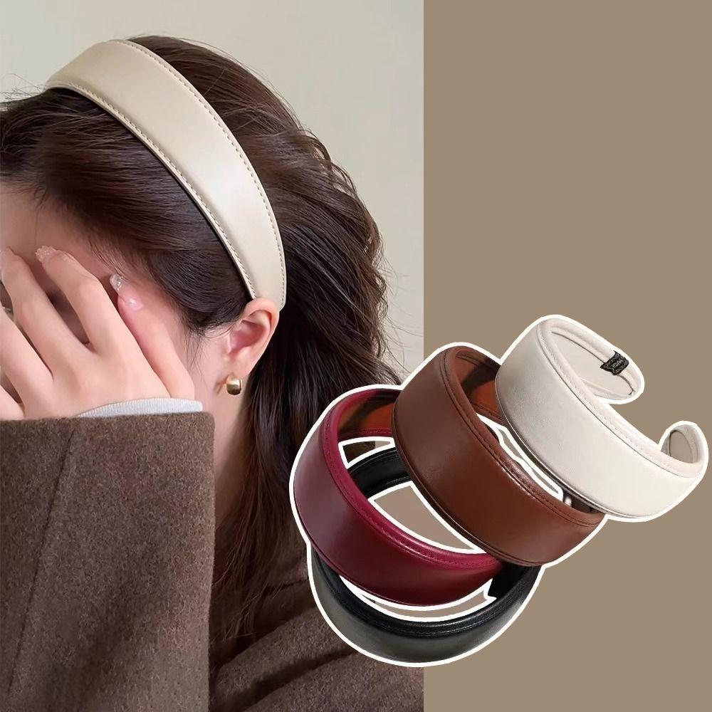 Solid Color Wide Turbans Retro Women Hoop Headband PU Leather Hairbands Women Hair Accessories