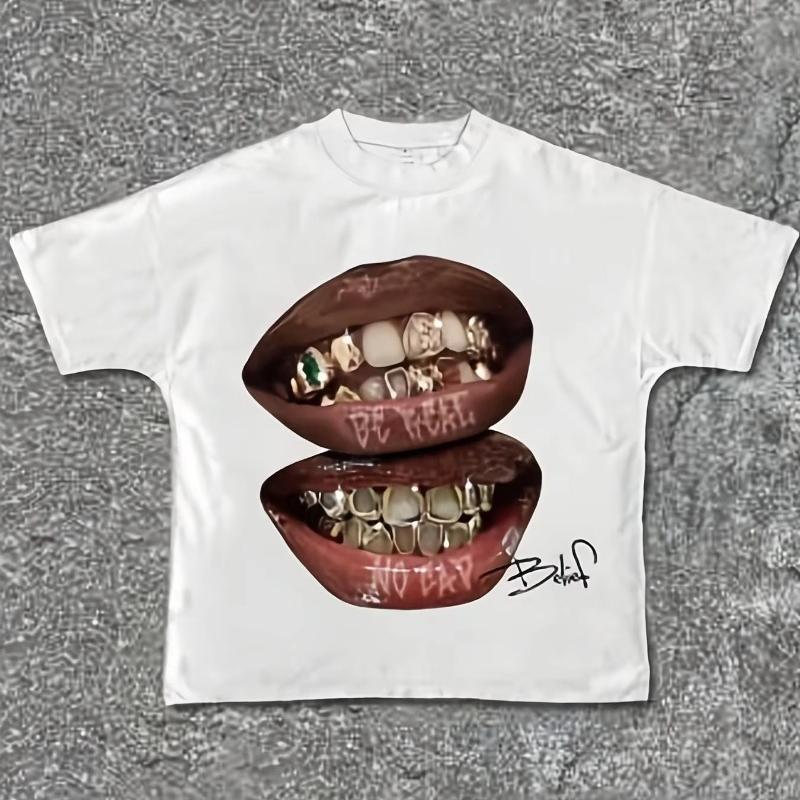 

Летняя новинка 2025 года Футболка с коротким рукавом большого размера с принтом в виде двух ртов Модная женская футболка оверсайз S