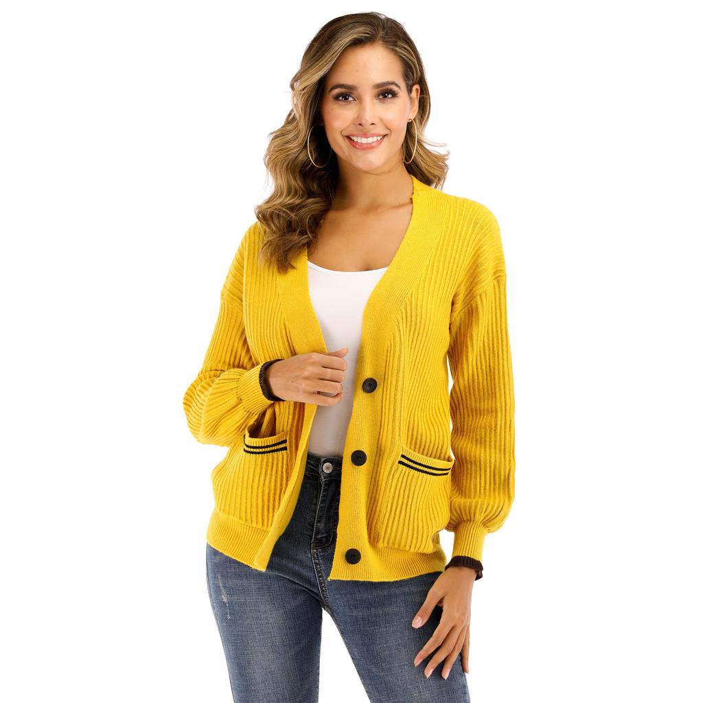 Autumn and Winter Women's V-neck Woven Single-breasted Pocket Long-sleeved Casual Jumper