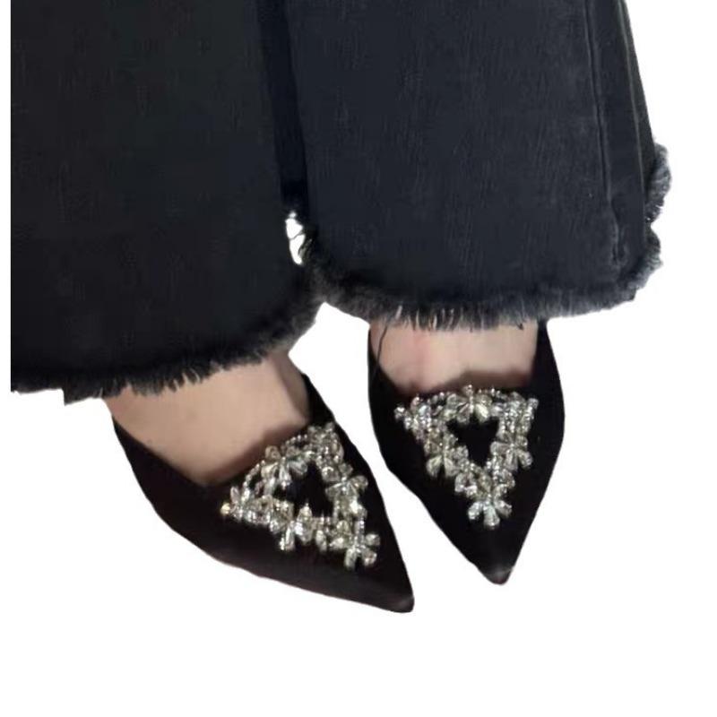 High Heels Spring and Summer Pointed Head Baotou Rhinestone Niche Temperament Thin Heels Beautiful Empty Slippers Are Not Tired