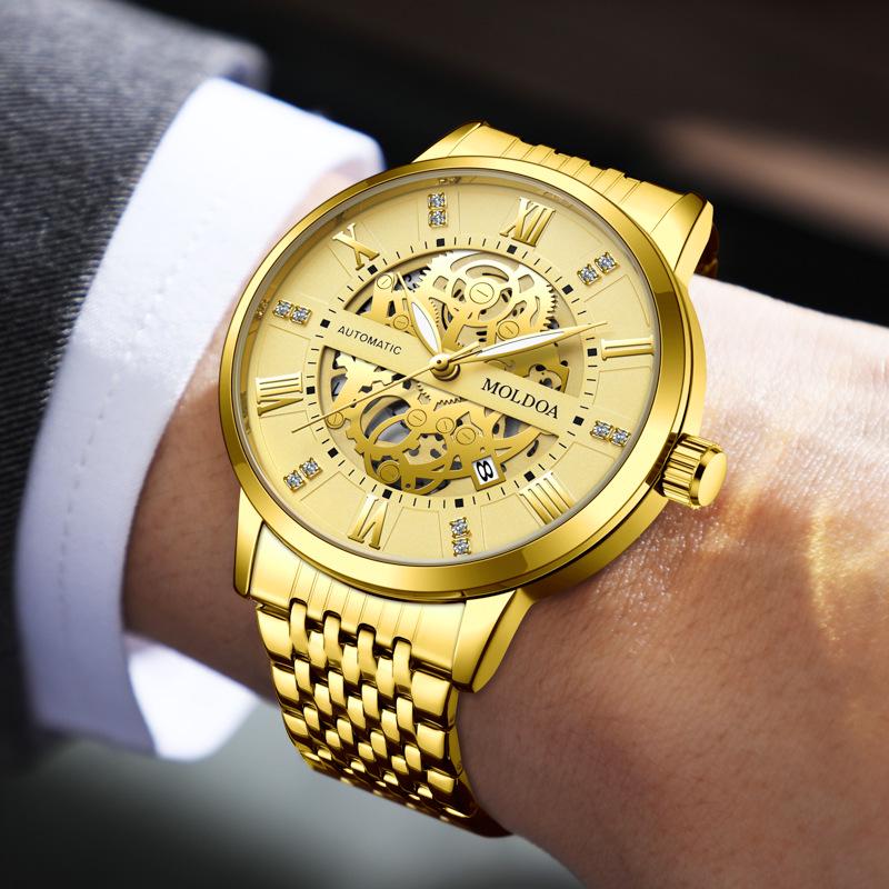 Herren Trendige Wasserdichte Automatische Mechanische Uhr mit Leuchtanzeige und Kalender