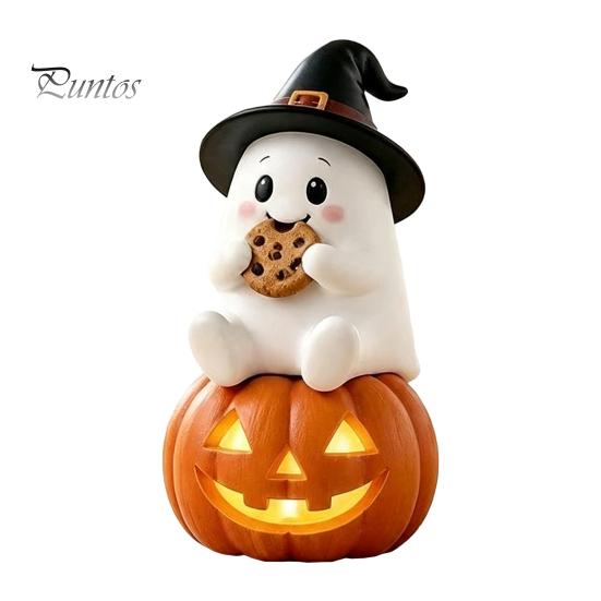 Resin Lighted Ghost Statue Halloween Figurine, Spooky Witch on Pumpkin/Holding Lantern Home Office Table Ornament with LED Light for Desktop Bookshelf