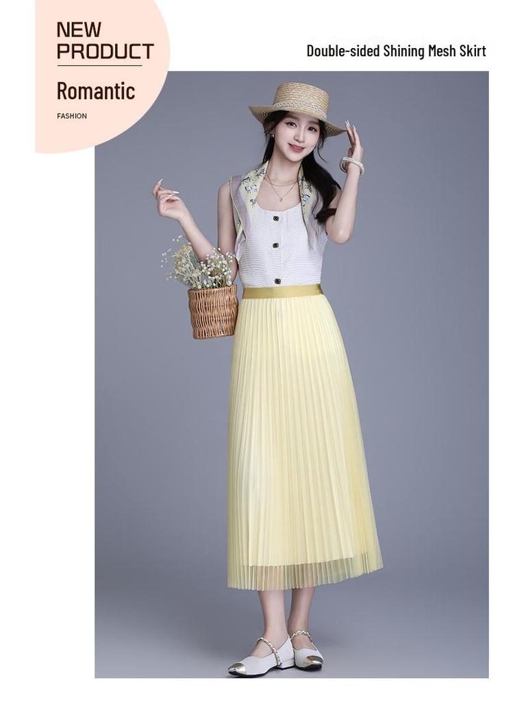 Spring 2026 Reversible Mesh Pleated A-line Midi Skirt