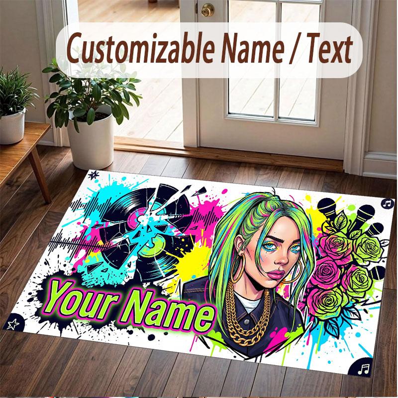 Custom Name Crystal Velvet Rug,Billie Eilish Comfortable Anti Slip Floor Mat For Room Decoration
