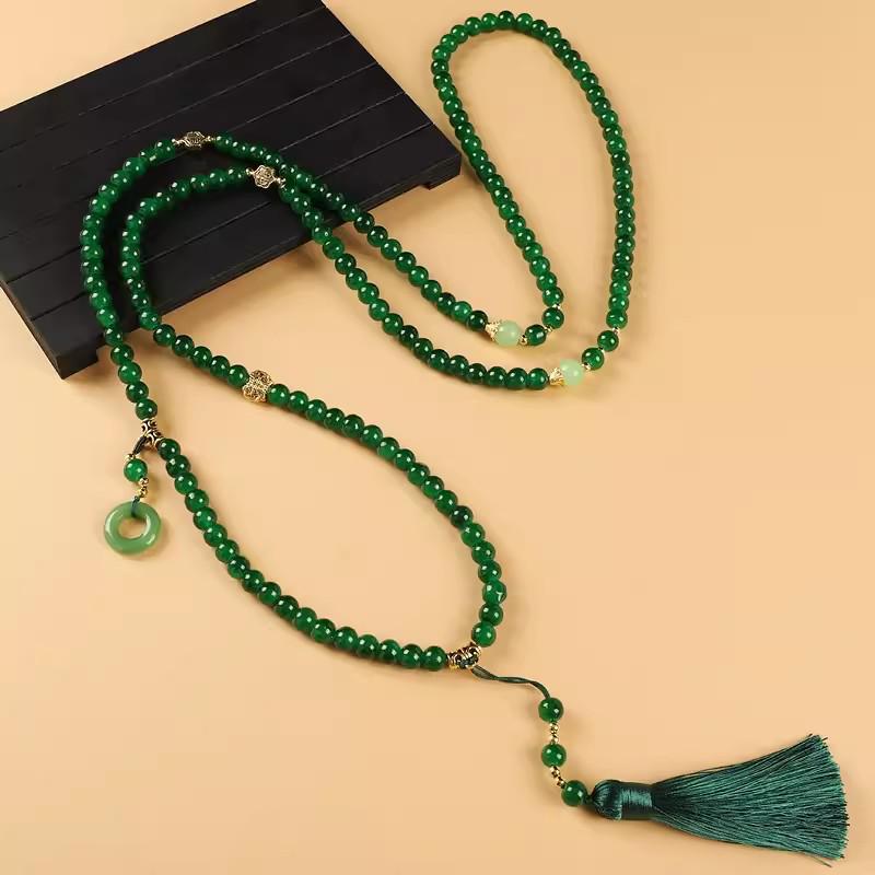 

Зеленое ожерелье-кроссбоди с кисточкой из бусин - Аксессуар-цепочка для свитера в ретро китайском стиле