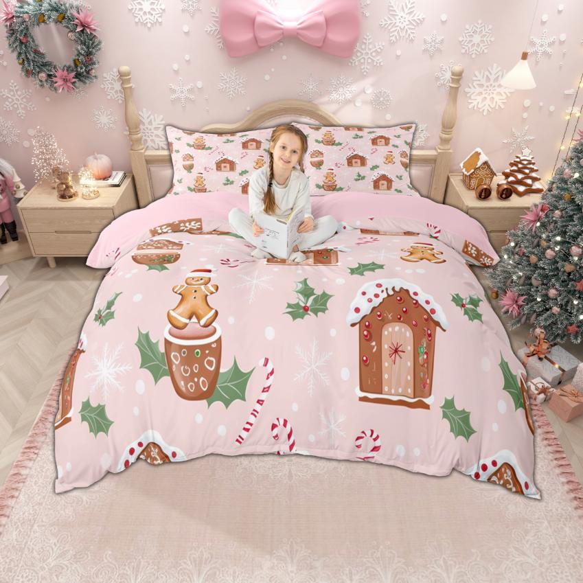 Homewish Cute Snowman Gingerbread House Duvet Cover Set Xmas Santa Claus Bedding Set Sleigh Snowflakes Quilt Cover Set