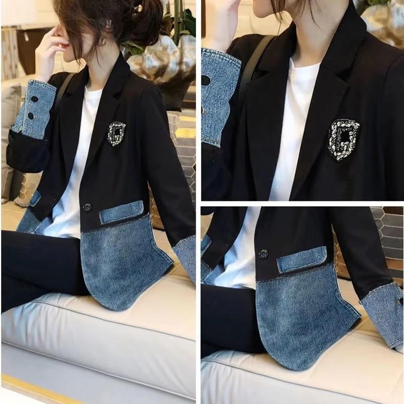 Fashion Loose Women Denim Jacket Splicing Suit Ladies Denim Outerwear Elegant Female Jeans Coat