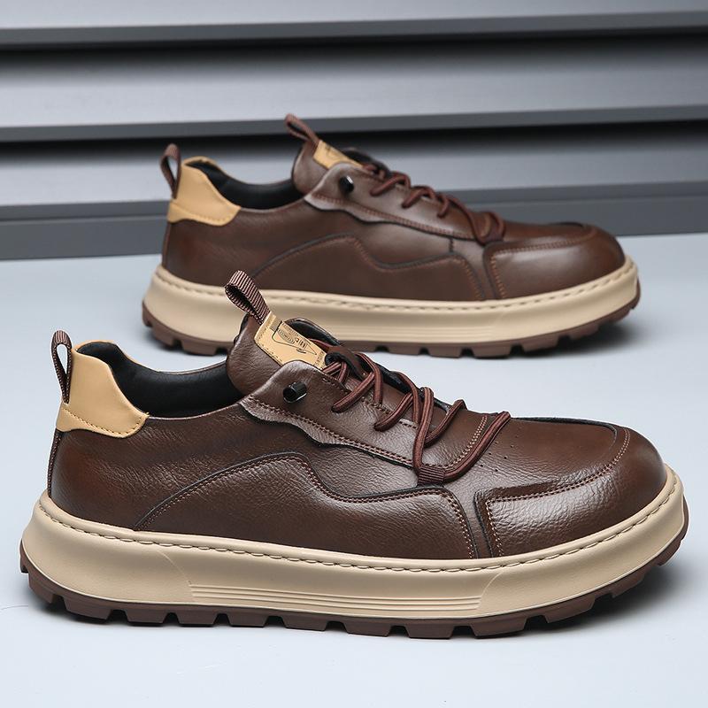 European Station Leather Men's Shoes Platform Breathable Casual Shoes Men's 2025 Autumn Trend Clown Shoes New White Shoes