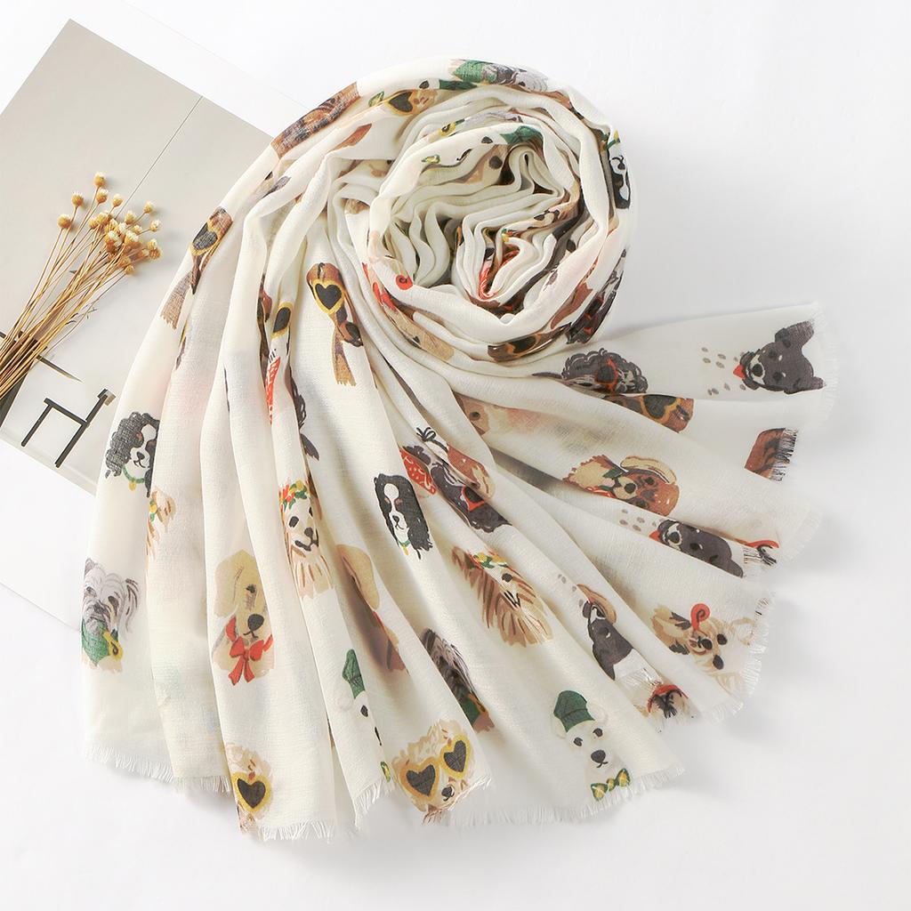 Mode Bedruckte Hunde Fransen Schals Damen Baumwolle Viskose Schal Reise Sonnenschutz Schal Tierdruck Schal 180*85cm