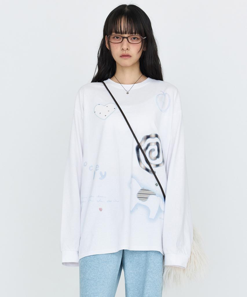 MONGDOL Patchwork Graphic Long Sleeve T-Shirt White Mdts105White