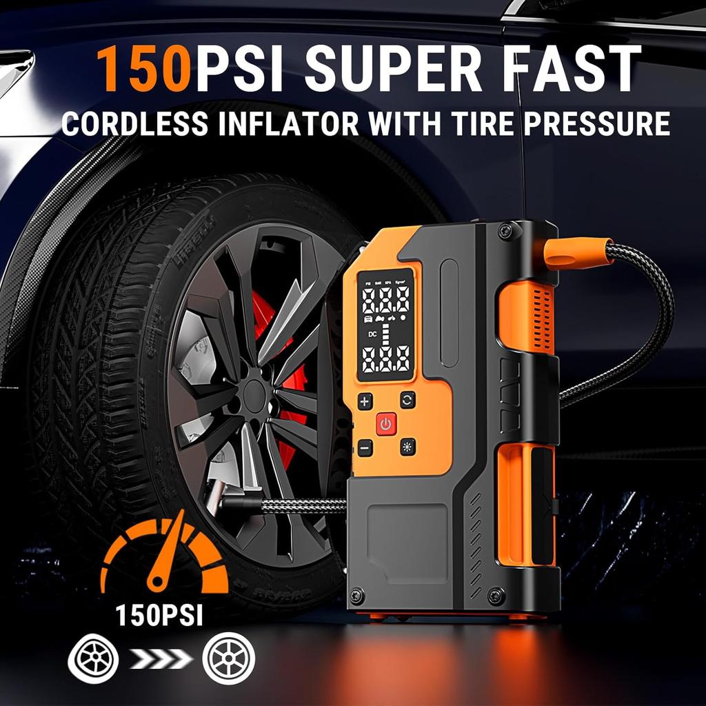 Car Battery Jump Starter with Air Compressor - 5000A 150PSI, 12V Portable Jump Starter with LCD Display & LED Light