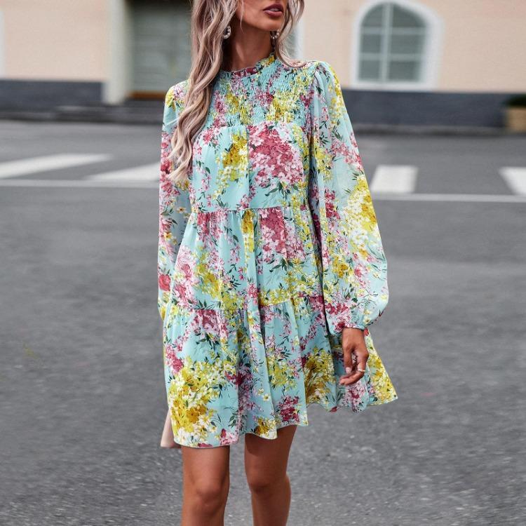 Women Floral Printed Casual Loose Fit Dress Long Sleeve Short O Neck All Match