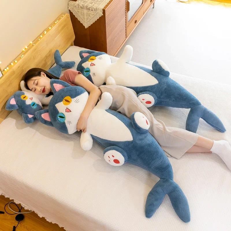 135cm Pupil Shark Cat Doll Pillow Sleeping Girl Plush Toy Plant Stuffed Doll Holidays Props Decorative Throw Pillow for Kids
