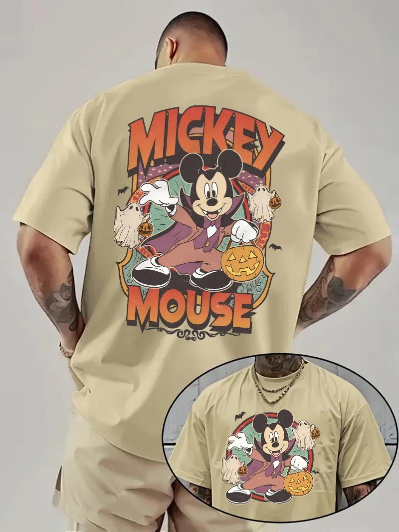 2025 Summer  Disney Halloween Mickey Mouse and Ghost Pattern Men s Pumpkin and Bat Design Ghost 100% Pure Cotton Leisure T-shirt S
