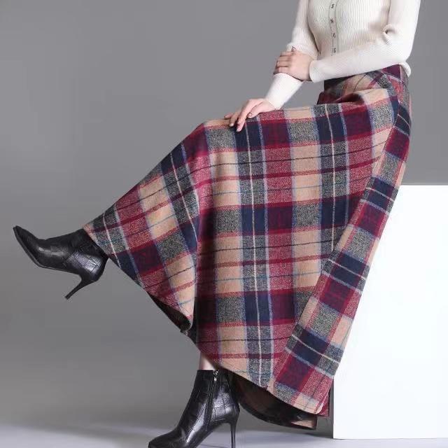 Plaid Print High Waist Skirt Casual Ruffle Hem Midi Skirt Women's Clothing