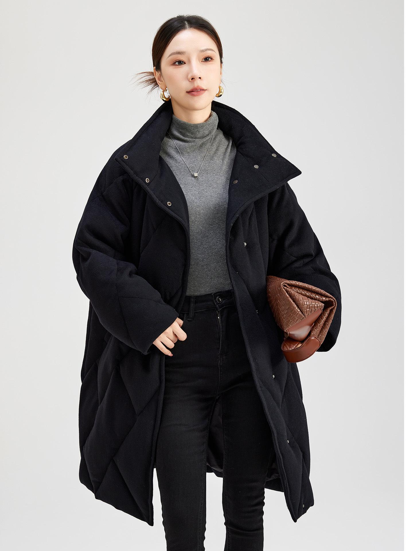 

Women s Winter Retro Diamond Pattern Goose Down Coat with Stand-Up Collar - Casual & Warm Loose Style One Size чёрный