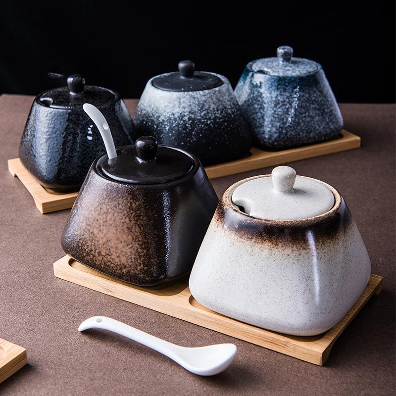 Ceramic Seasoning Jar with Lid, Spice Jar with Spoon, Salt and Pepper, Sugar Jar, Spice Storage Box, Kitchen Storage Container