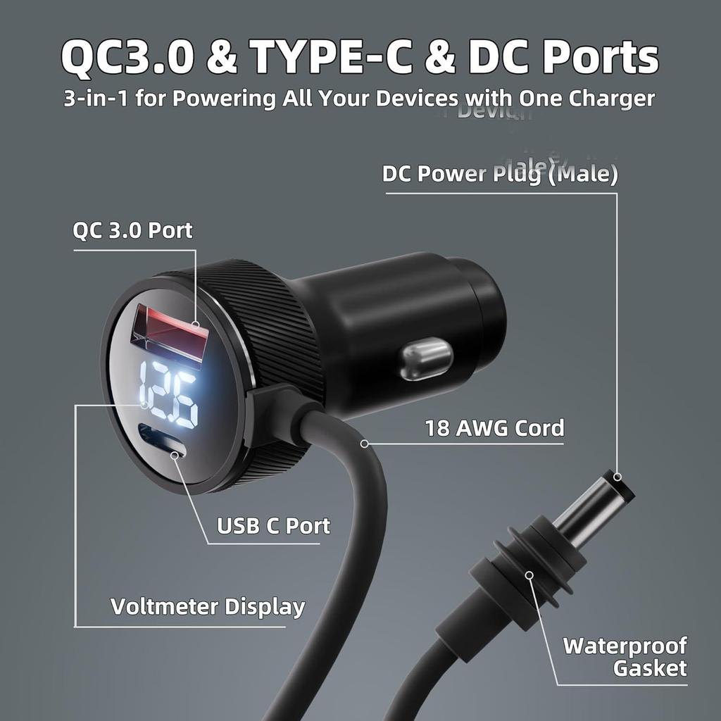 Ethernet Mini 3-in-1 Digital Display Car Cigarette Lighter DC Power Cord (3M)