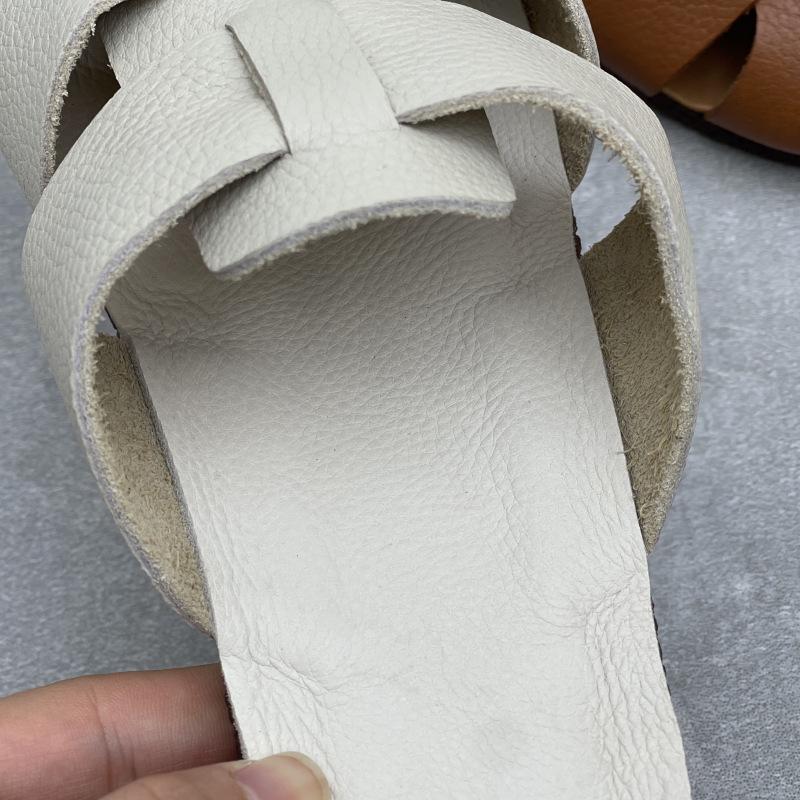 Johnature Retro Genuine Leather Flat Slippers Leisure Versatile Round Toe Soft Sole Women Outdoor Slides