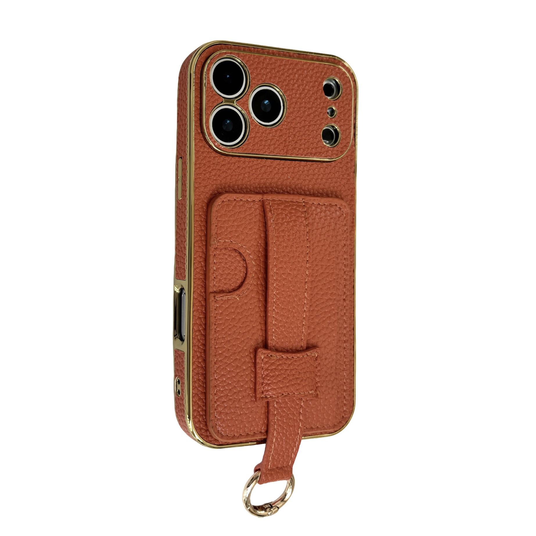 

Lychee Grain Perforated Sticker Skin for iPhone 17 Pro Max Case with Card Slot & Wrist Strap 16 Plus темно-коричневого кольору
