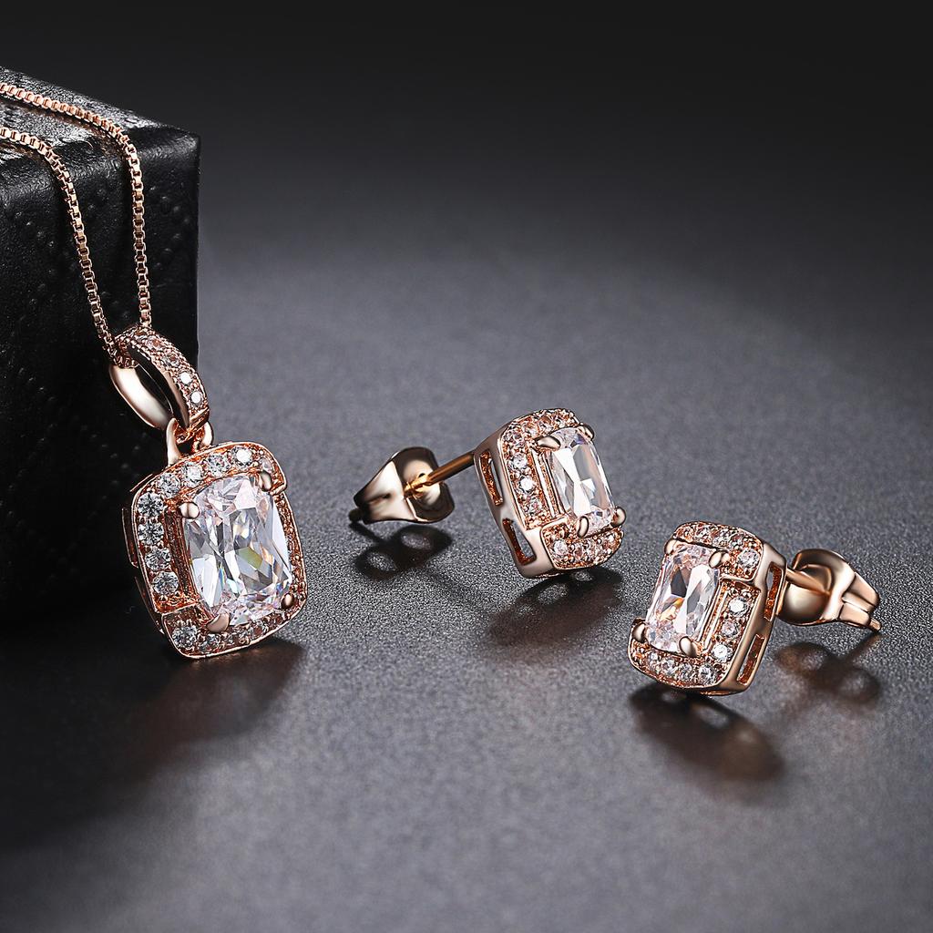 Simple Geometric Square Zircon Stud Earrings Pendant Necklace Women'S, Colored Gemstones Engagement Jewelry Set